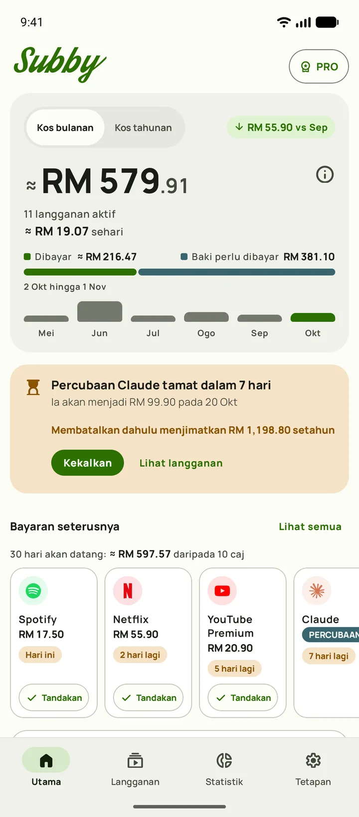 Skrin Utama Subby dengan jumlah bulanan, kos sehari, jumlah dibayar, baki perlu dibayar dan bayaran seterusnya, pada Android