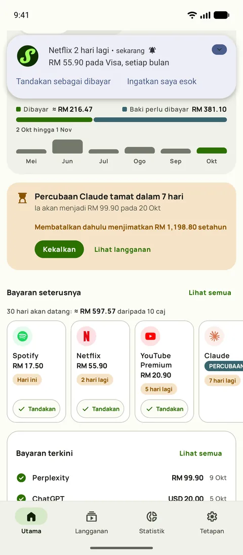 Satu peringatan dengan amaun, kad dan kitaran, serta butang Tandakan sebagai dibayar, pada Android