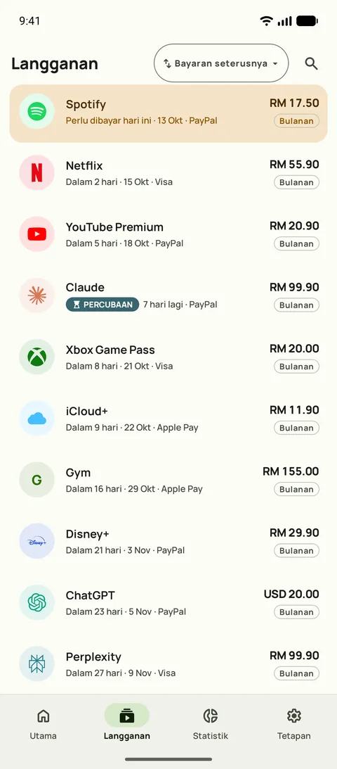 Langganan disusun mengikut bayaran seterusnya, lengkap dengan harga, kitaran dan kad, pada Android