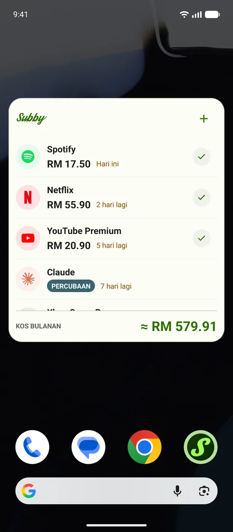 Widget skrin utama dengan bayaran seterusnya, pada Android