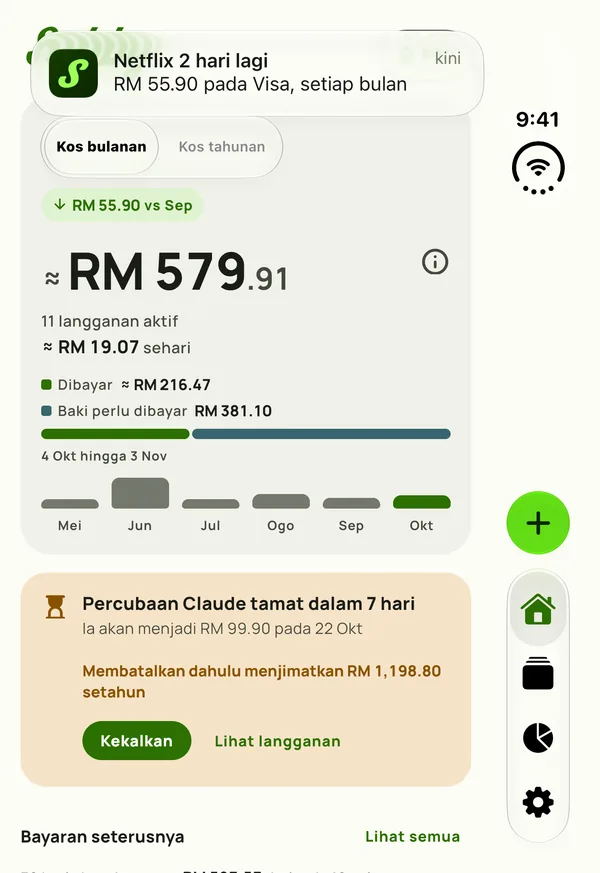Peringatan Subby pada panel luar iPhone Duo yang tertutup, berbunyi Netflix diperbaharui dalam 2 hari, $15.49 pada Visa, setiap bulan