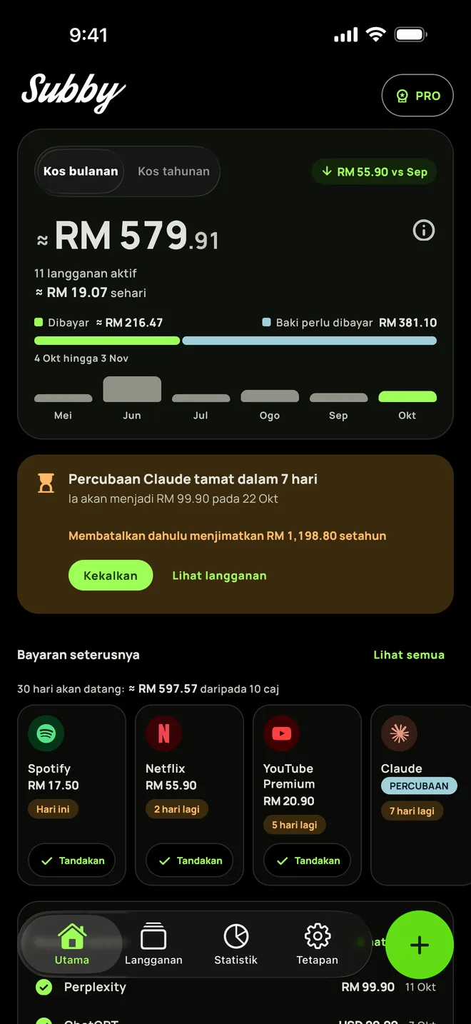 Skrin Utama Subby dalam mod gelap dengan jumlah bulanan dan bayaran seterusnya, pada iPhone