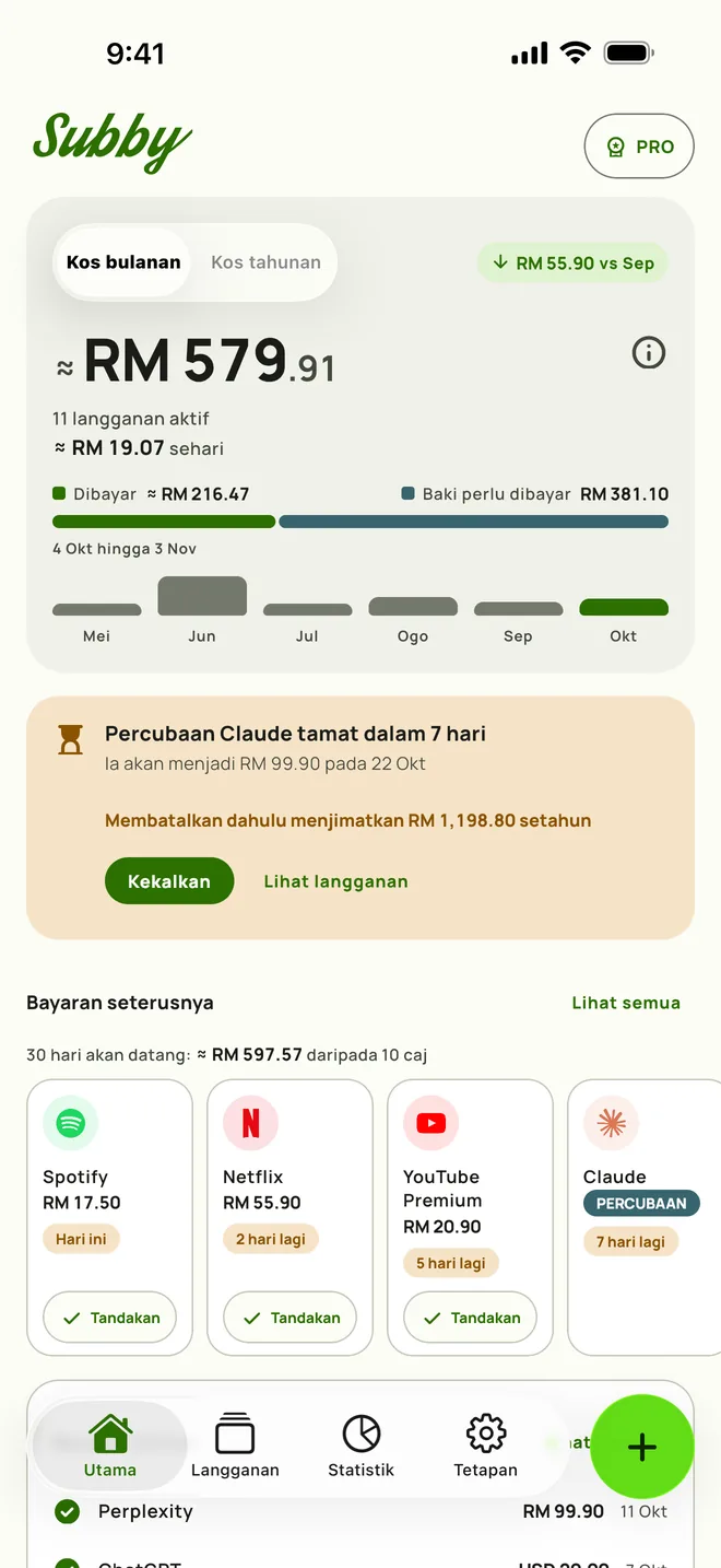 Skrin Utama Subby dengan jumlah bulanan, kos sehari, jumlah dibayar, baki perlu dibayar dan bayaran seterusnya, pada iPhone