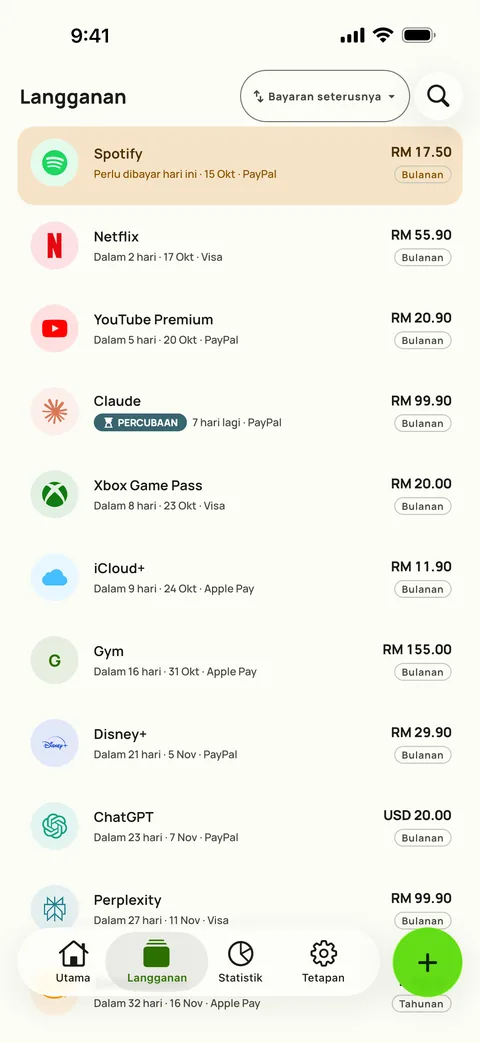 Langganan disusun mengikut bayaran seterusnya, lengkap dengan harga, kitaran dan kad, pada iPhone