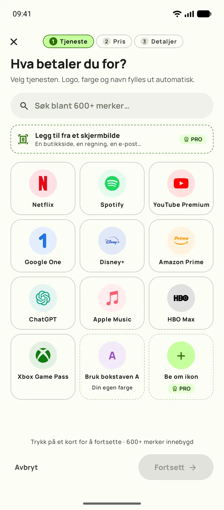 Legge til et abonnement i Subby. Trinn én, velg tjenesten, på Android