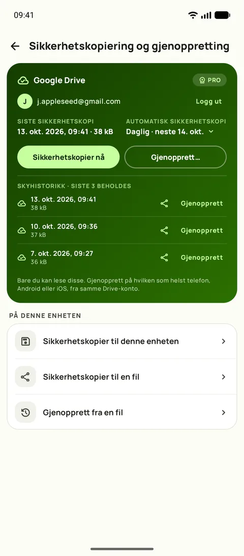Sikkerhetskopiering og gjenoppretting i Subby på Android, med Google Drive koblet til, automatisk sikkerhetskopi satt til daglig og de tre siste sikkerhetskopiene beholdt