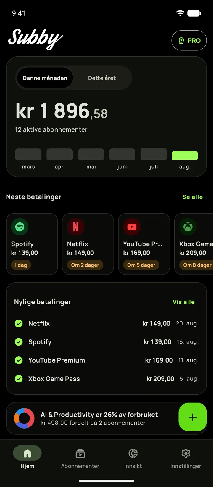 Subby Hjem i ekte svart mørk modus, med månedskostnaden, et kort for en prøveperiode som slutter om sju dager og neste betalinger, på Android