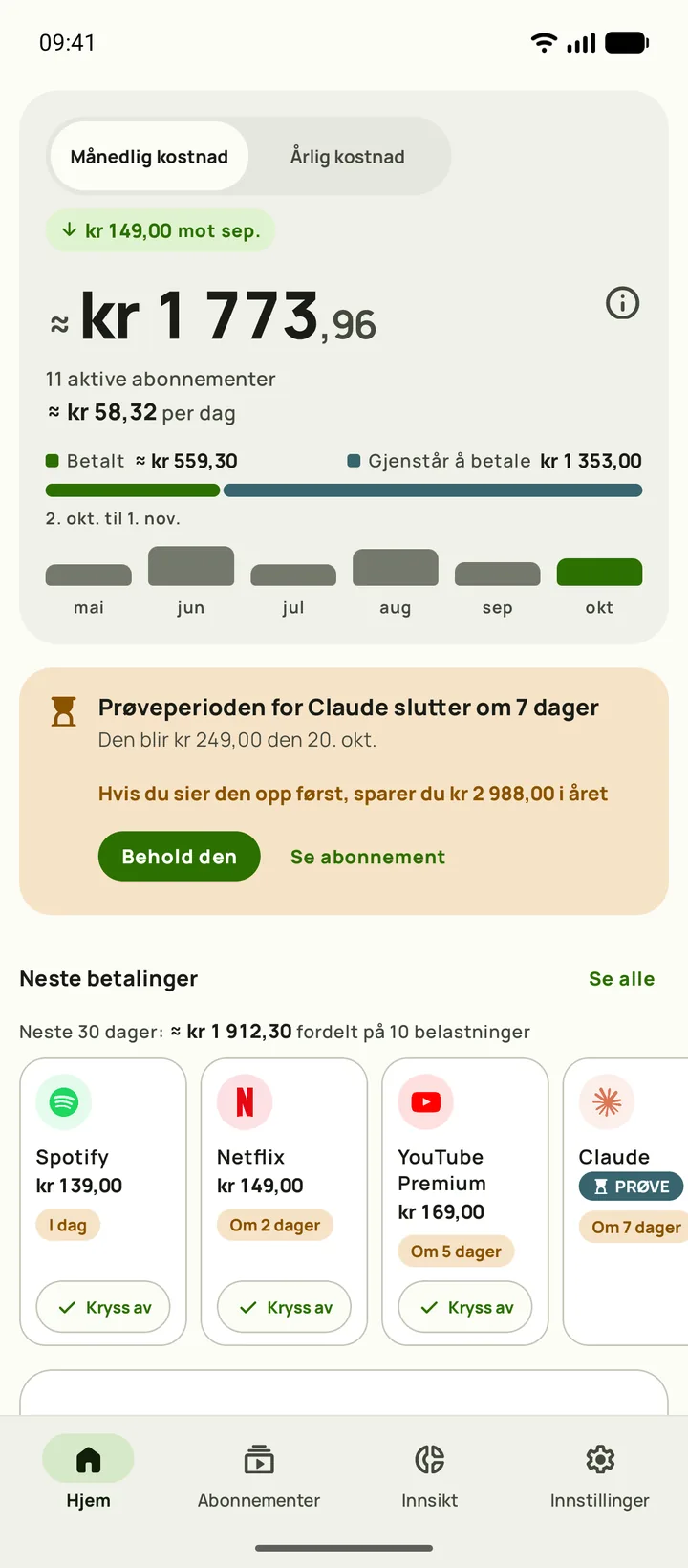 Subby Hjem med månedskostnaden, hva det blir per dag, betalt mot gjenstår å betale, et kort for en prøveperiode som slutter om sju dager, og neste betalinger, på Android