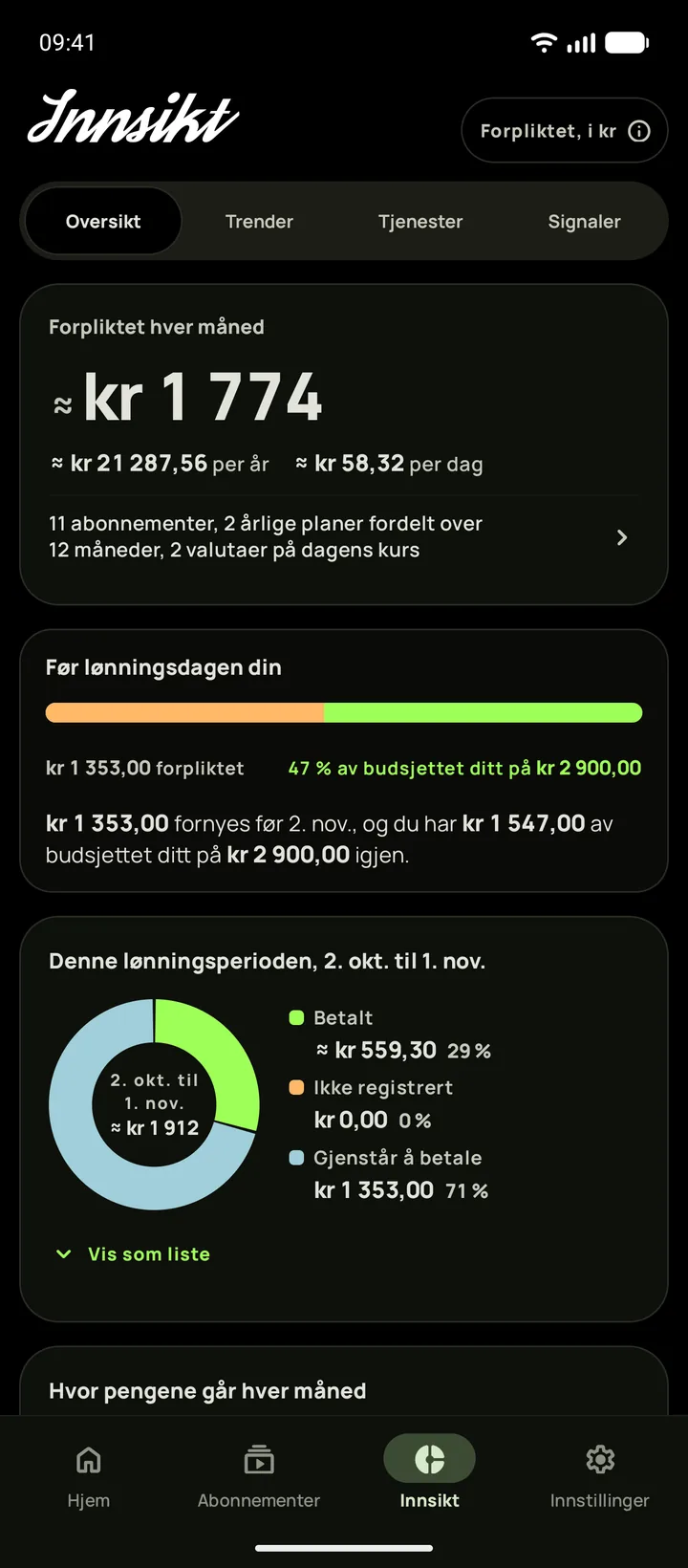 Innsikt i Subby, med beløpet du binder deg til hver måned, budsjettet som gjenstår før lønningsdag, og lønnsperioden delt i betalt og gjenstår å betale, på Android