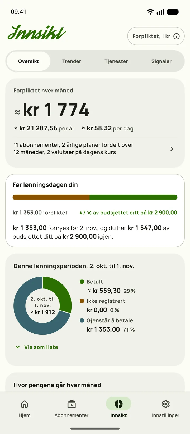 Innsikt i Subby, med beløpet du binder deg til hver måned, budsjettet som gjenstår før lønningsdag, og lønnsperioden delt i betalt og gjenstår å betale, på Android