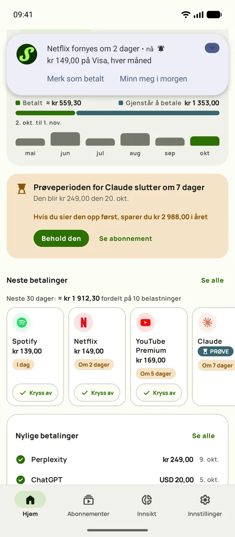 En Subby-påminnelse som nevner tjenesten, beløpet, kortet og syklusen, med Merk som betalt direkte på varselet, på Android