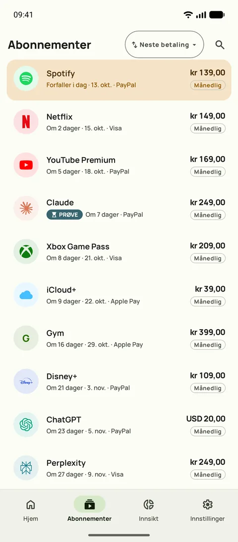 Fanen Abonnementer i Subby på Android, sortert etter neste betaling: Spotify forfaller i dag, deretter Netflix, YouTube Premium og en prøveperiode, hver med pris og syklus