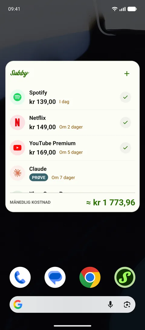 Subby-widgeten med neste betalinger, en gratis prøveperiode merket PRØVE og månedskostnaden, på Android