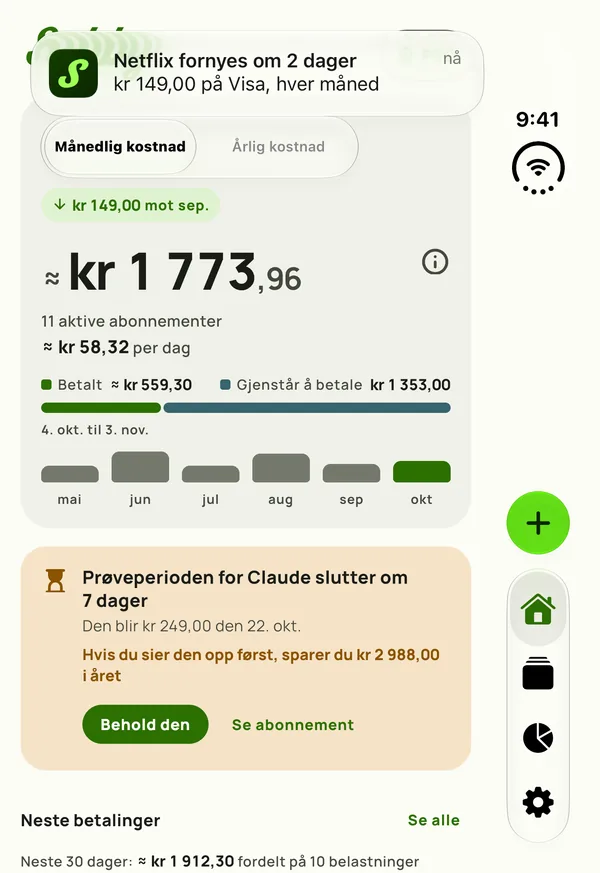En Subby-påminnelse på ytre panel av en lukket iPhone Duo som sier at Netflix fornyes om 2 dager, $15,49 på Visa, hver måned
