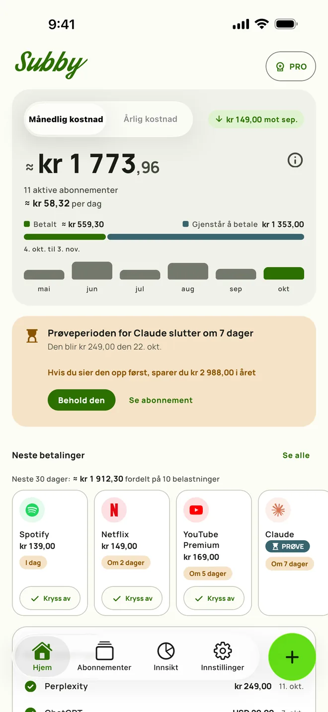 Subby Hjem med månedskostnaden, hva det blir per dag, betalt mot gjenstår å betale, et kort for en prøveperiode som slutter om sju dager, og neste betalinger, på iPhone