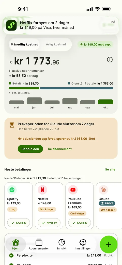 En Subby-påminnelse som nevner tjenesten, beløpet, kortet og syklusen, med Merk som betalt direkte på varselet, på iPhone