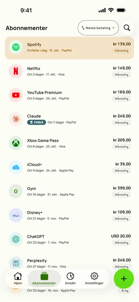 Abonnementer sortert etter neste betaling, med pris, syklus og kort, på iPhone