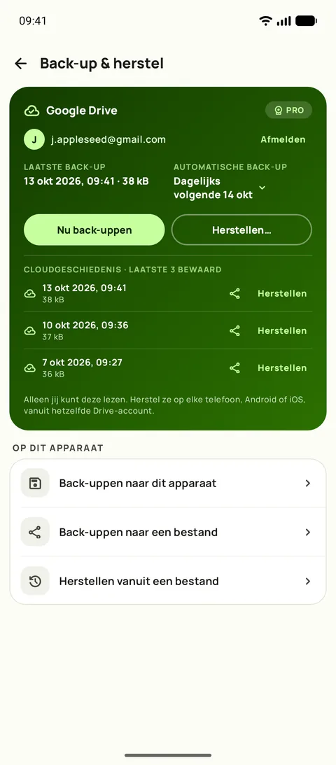 Back-up en herstellen, met het schema en de laatste drie back-ups, op Android