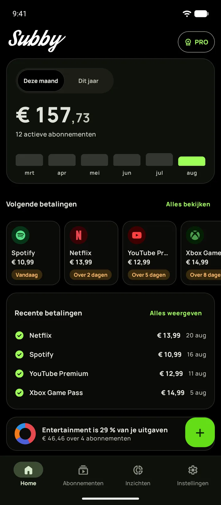 Subby-startscherm in donkere modus met maandtotaal en volgende betalingen, op Android