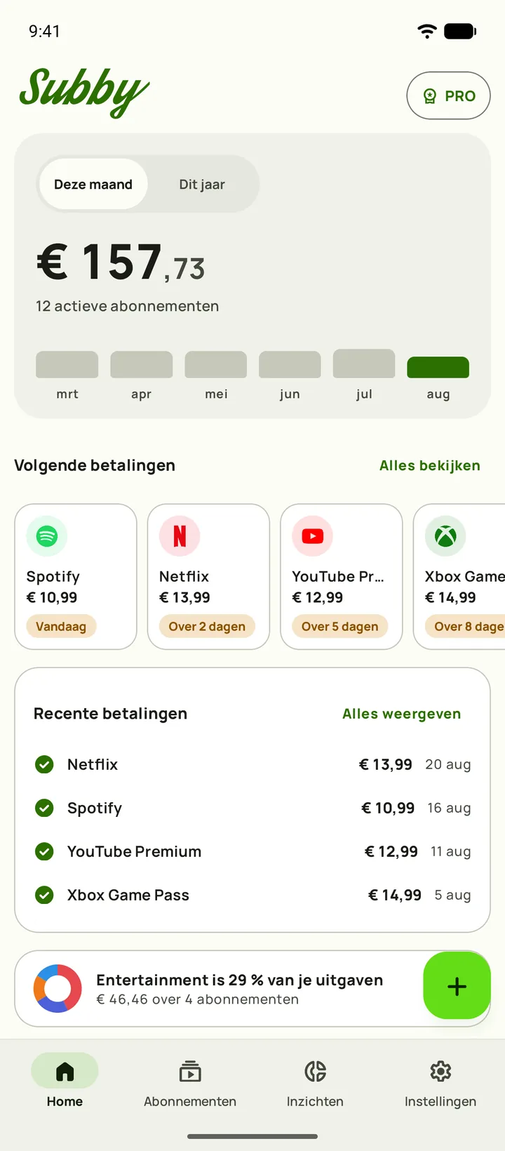 Subby-startscherm met maandtotaal, kosten per dag, betaald, nog te betalen en volgende betalingen, op Android