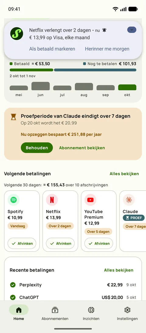 Een herinnering met bedrag, betaalmethode en cyclus, en Als betaald markeren, op Android