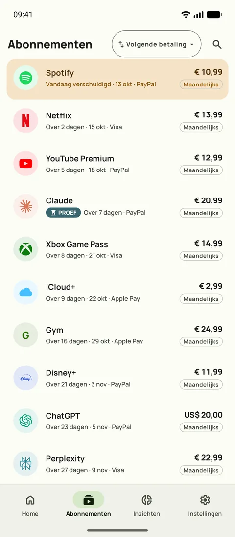 Abonnementen op volgende betaling, met prijs, cyclus en betaalmethode, op Android