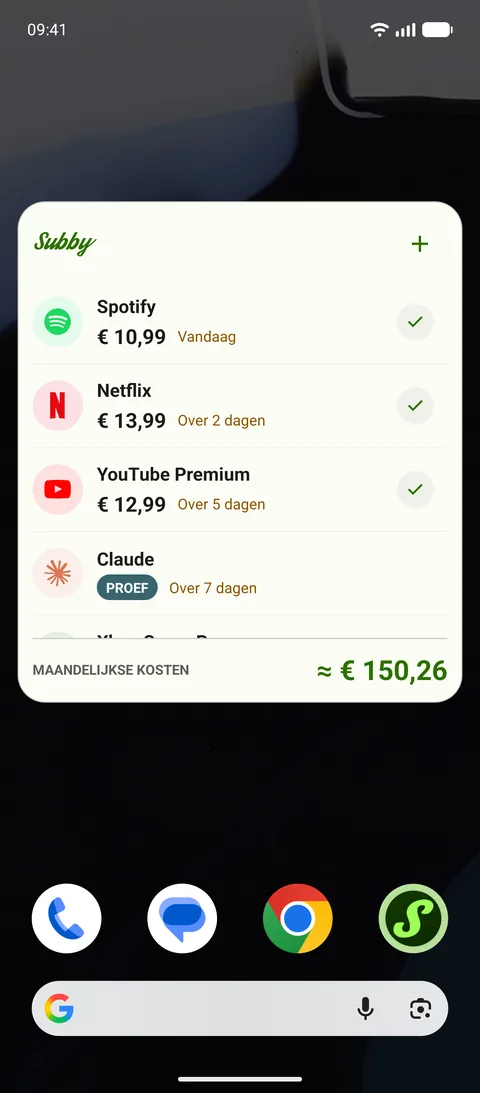De widget op het startscherm met volgende betalingen, op Android