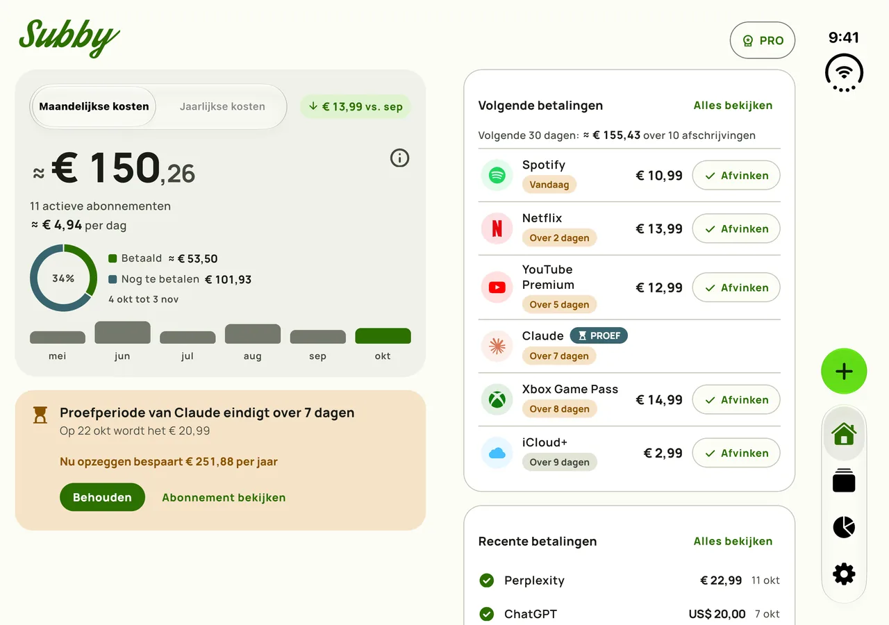 Subby-startscherm op een open iPhone Duo, het totaal op één paneel en betalingen op het ander