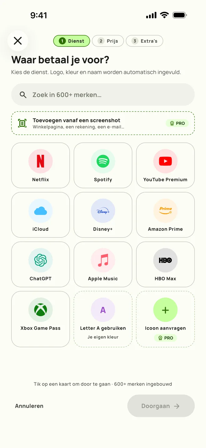 Een abonnement toevoegen in Subby. Stap één, de dienst kiezen, op iPhone