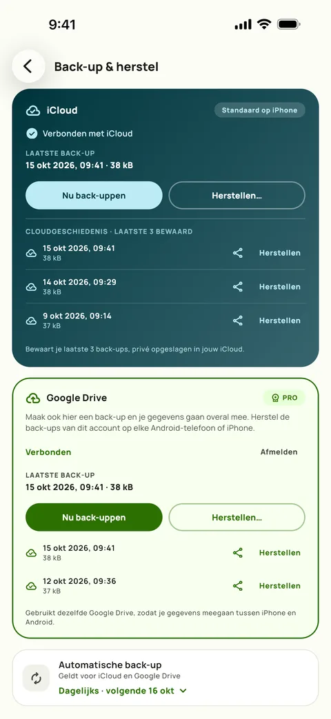 Back-up en herstellen, met het schema en de laatste drie back-ups, op iPhone