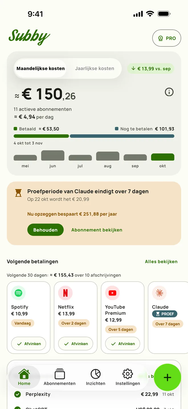 Subby-startscherm met maandtotaal, kosten per dag, betaald, nog te betalen en volgende betalingen, op iPhone
