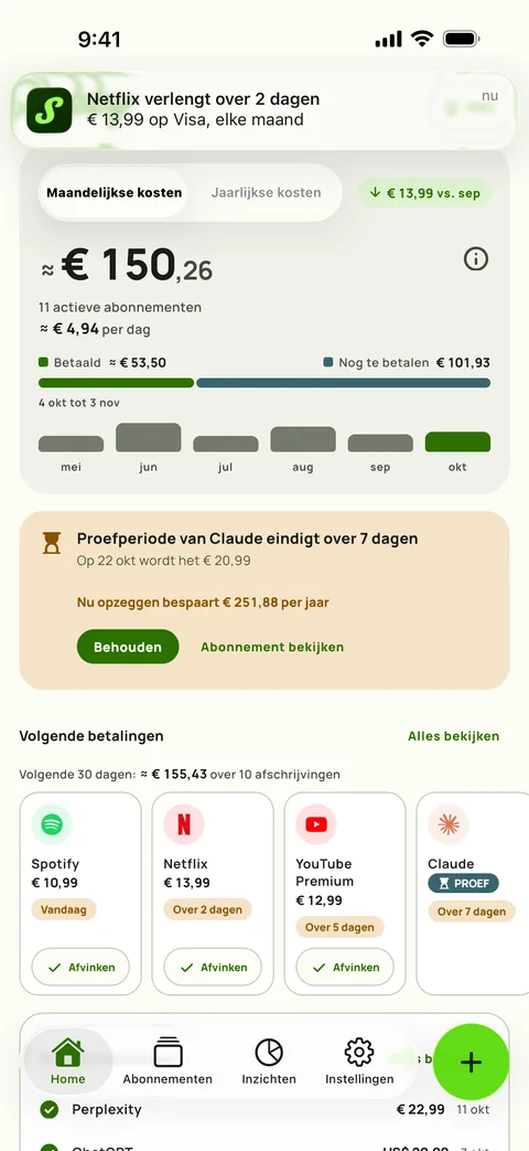 Een herinnering met bedrag, betaalmethode en cyclus, en Als betaald markeren, op iPhone