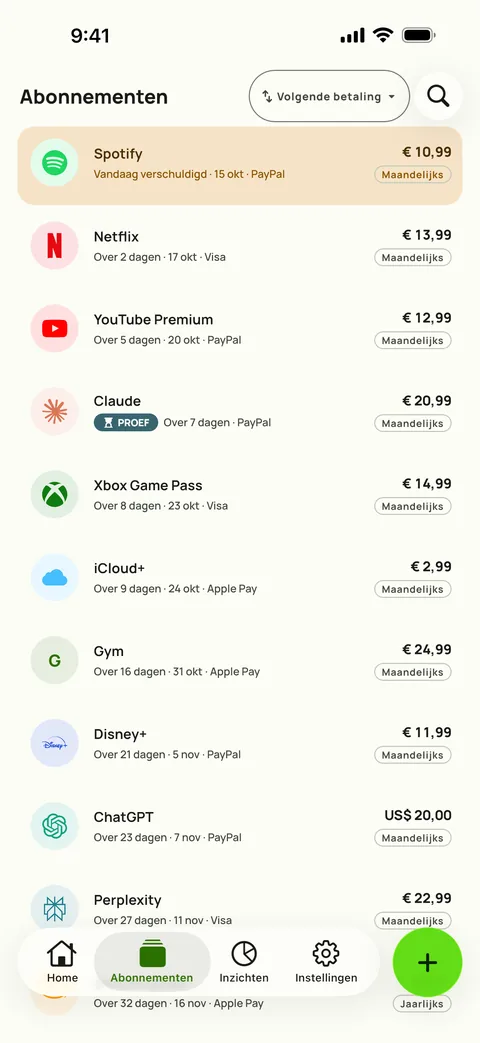 Abonnementen op volgende betaling, met prijs, cyclus en betaalmethode, op iPhone