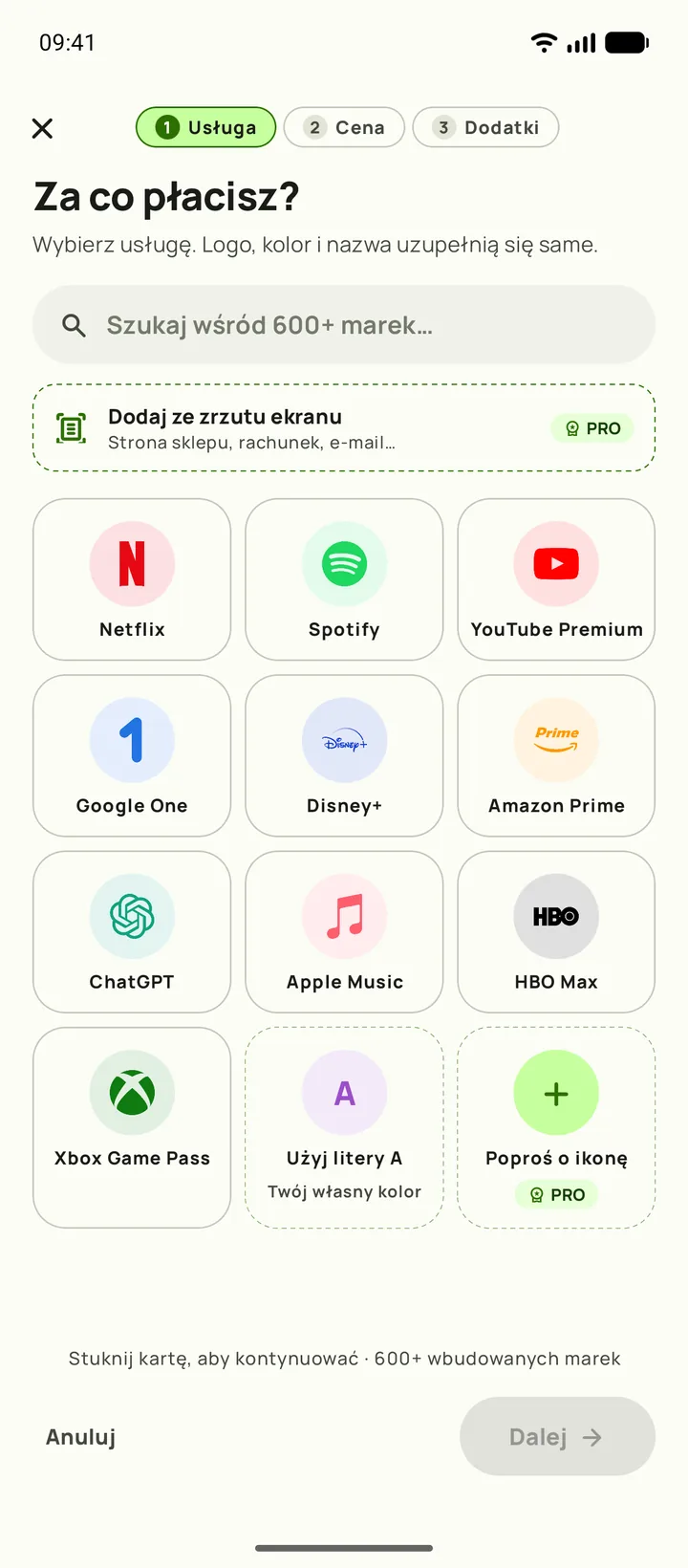 Dodawanie subskrypcji w Subby, krok pierwszy: wybór serwisu (Android)