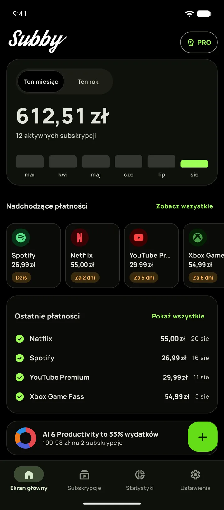 Ekran główny Subby w czarnym motywie z kosztem miesięcznym, kartą okresu próbnego, który kończy się za siedem dni, i nadchodzącymi płatnościami (Android)
