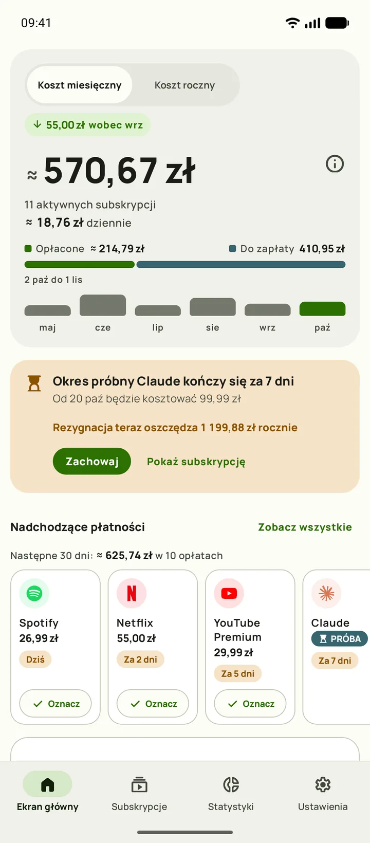 Ekran główny Subby z kosztem miesięcznym, kosztem na dzień, kwotami opłaconą i do zapłaty, kartą okresu próbnego, który kończy się za siedem dni, i nadchodzącymi płatnościami (Android)