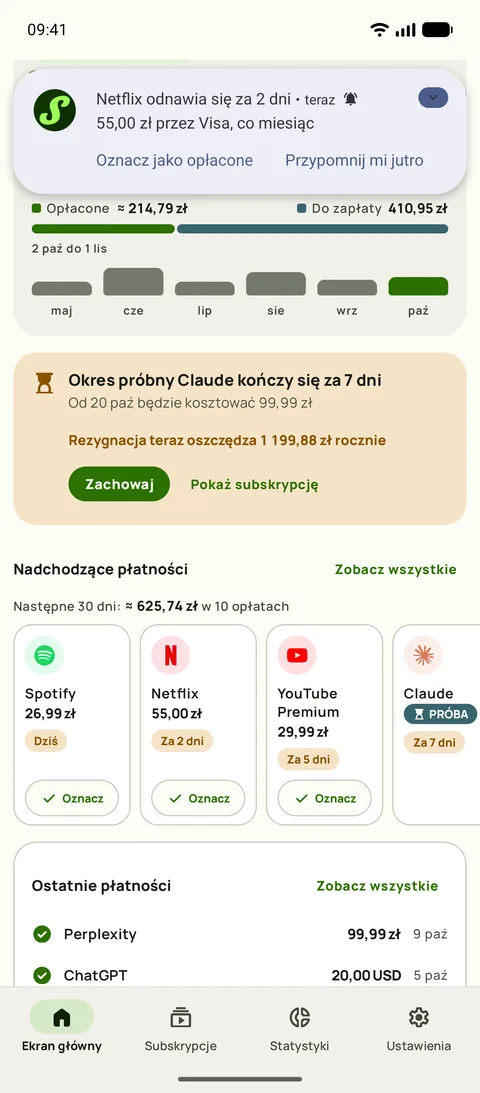 Przypomnienie Subby z nazwą usługi, kwotą, kartą i cyklem oraz przyciskiem Oznacz jako opłacone w powiadomieniu (Android)