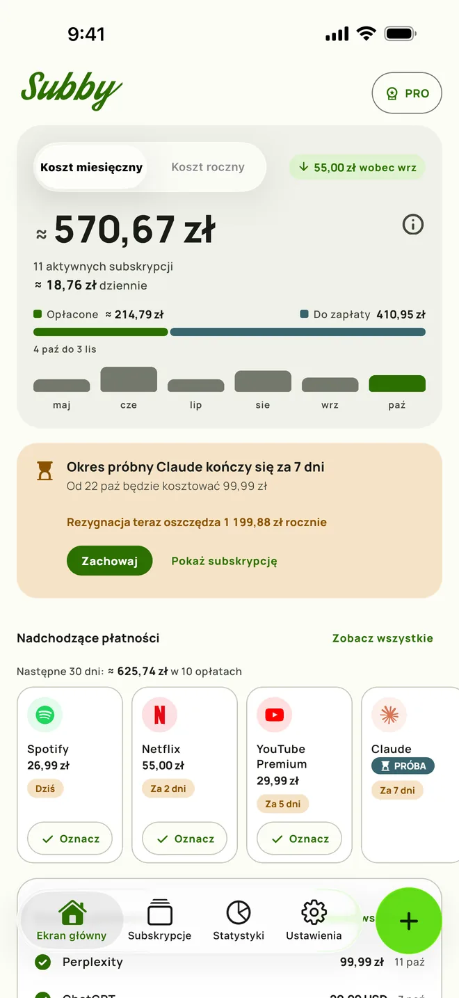 Ekran główny Subby z kosztem miesięcznym, kosztem na dzień, kwotami opłaconą i do zapłaty, kartą okresu próbnego, który kończy się za siedem dni, i nadchodzącymi płatnościami (iPhone)