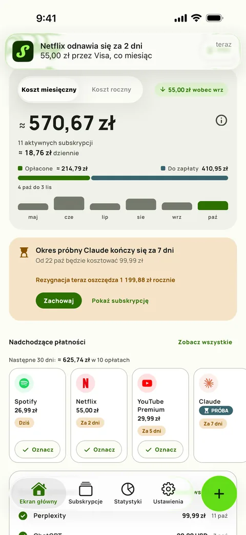 Przypomnienie Subby z nazwą usługi, kwotą, kartą i cyklem oraz przyciskiem Oznacz jako opłacone w powiadomieniu (iPhone)