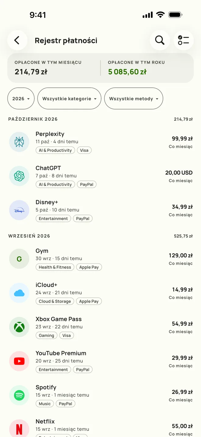 Dziennik płatności w Subby, pełna historia z sumami miesięcznymi, na iPhonie