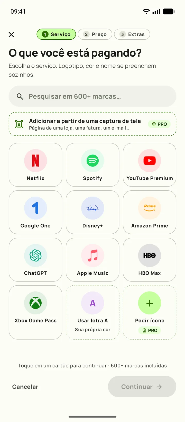 Adicionando uma assinatura no Subby. Primeiro passo, escolher o serviço, em Android