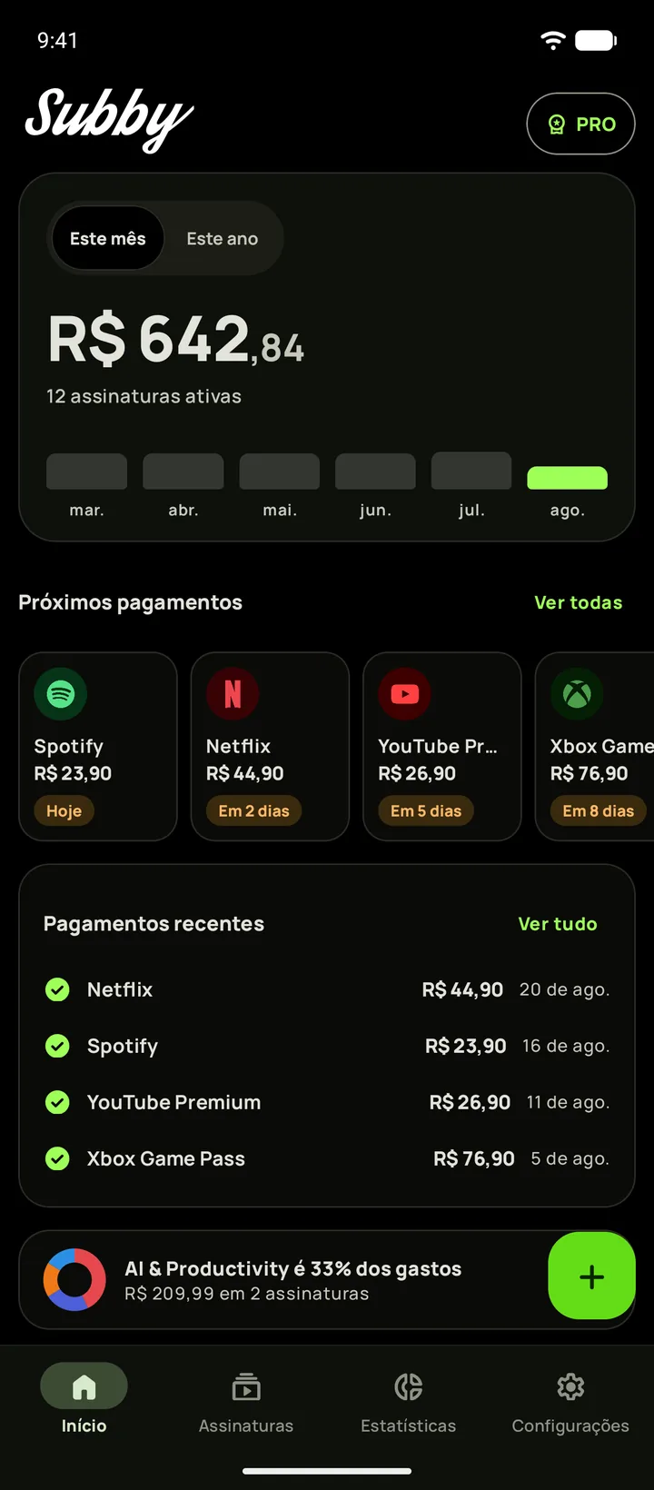 Início do Subby no tema preto absoluto, com o custo mensal, um cartão de um teste que termina em sete dias e os próximos pagamentos, em Android