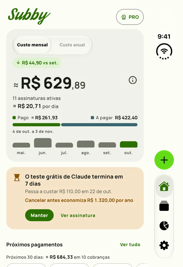 Início compacto do Subby no painel externo do iPhone Duo fechado, com o total mensal e um cartão de teste