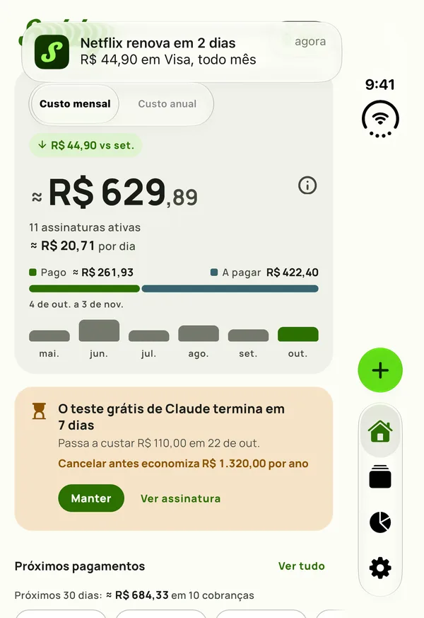 Um lembrete do Subby no painel externo do iPhone Duo fechado, dizendo que a Netflix renova em 2 dias, $15,49 no Visa, todo mês