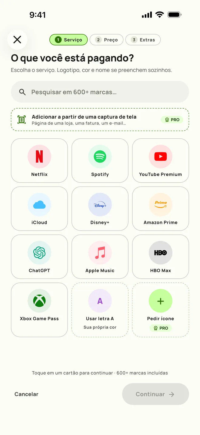 Adicionando uma assinatura no Subby. Primeiro passo, escolher o serviço, em iPhone