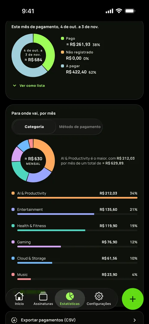 Gastos por categoria no modo escuro, e a exportação CSV, em iPhone