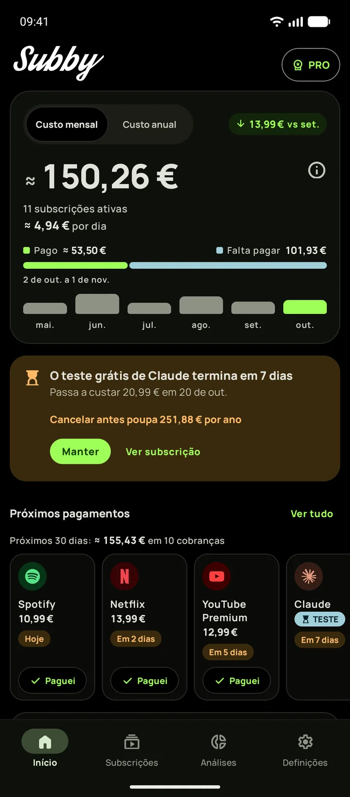 O Início do Subby com o tema de preto absoluto, com o custo mensal, um cartão de um teste grátis que termina daqui a sete dias e os próximos pagamentos, em Android