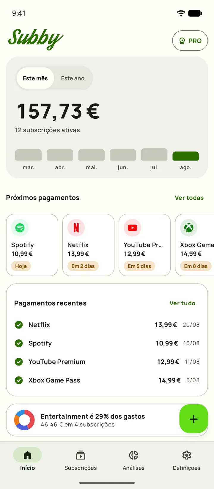 O Início do Subby com o custo mensal, quanto dá por dia, o que está pago e o que falta pagar, um cartão de um teste grátis que termina daqui a sete dias e os próximos pagamentos, em Android