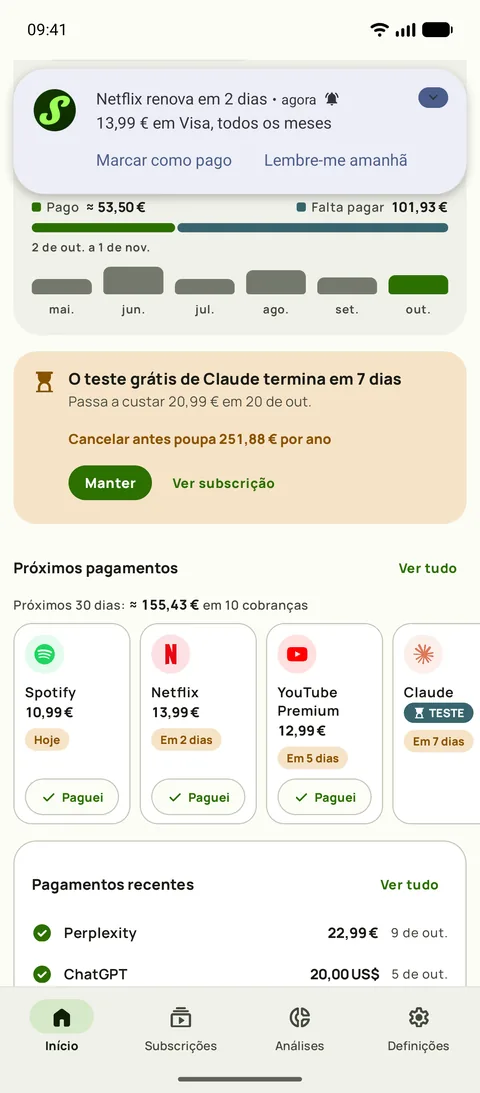 Um lembrete do Subby que indica o serviço, a quantia, o cartão e o ciclo, com Marcar como pago na notificação, em Android