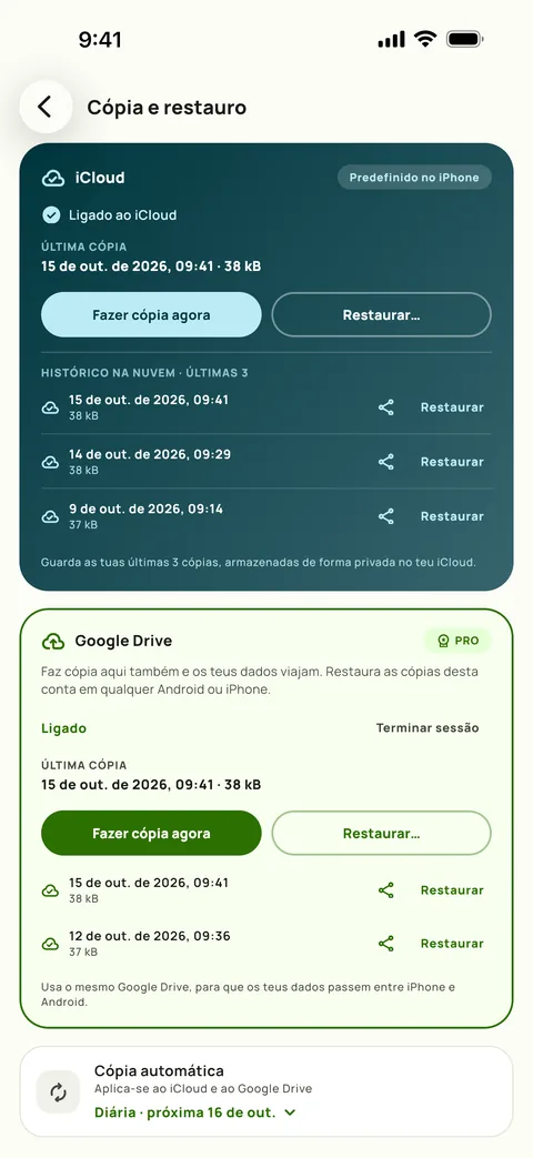 O ecrã Cópia e restauro do Subby, com a cópia automática definida para diária e as três últimas cópias listadas, em iPhone